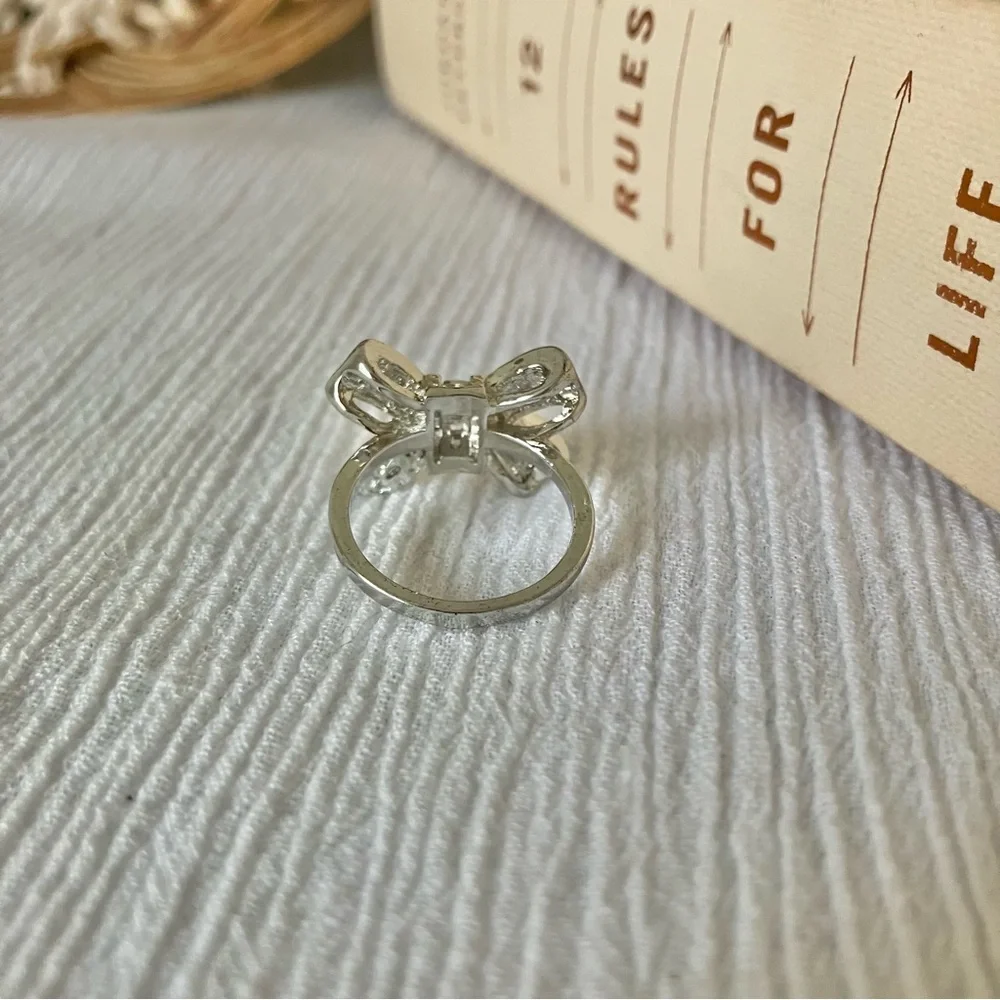 Silver Rhinestone Bow Glam Ring Girlhoodcore Coquette Femme Platinum Sparkly - Picture 7 of 12